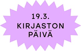 Kirjaston päivän tunnus. Violetilla siksakreunaisella alueella lukee mustalla 19.3. Kirjaston päivä.